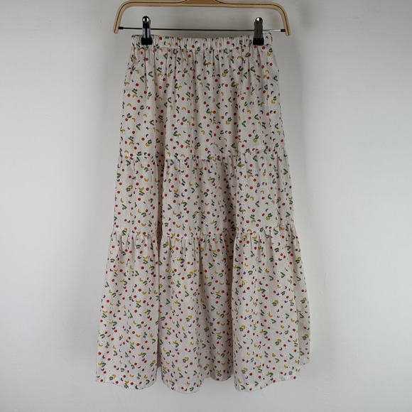 Vintage Trousers Up Fruit Print Eyelet Tiered Midi Skirt White Cotton Blend SZ L - Picture 2 of 10